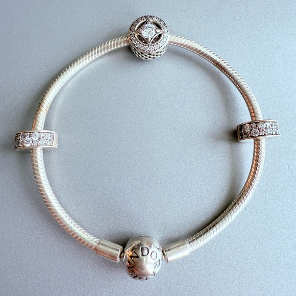 Pandora Sterling Silver 925 ALE Cable Bracelet Allure 2 Pave Clip Charms Retired - Picture 1 of 8
